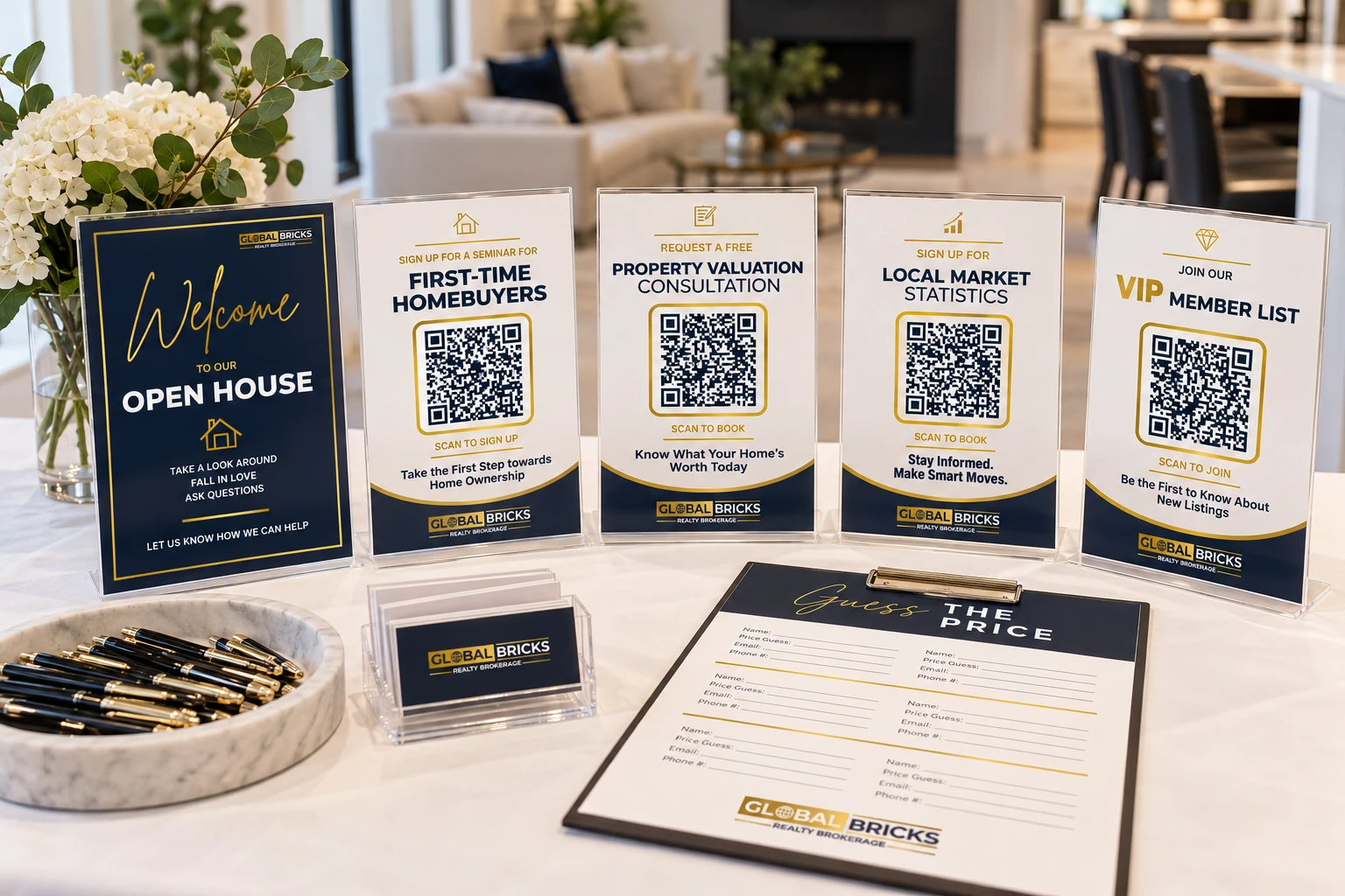 Interactive open house kit mockup — a table set with a welcome sign, four QR-code standees, pens and a “Guess the Price” clipboard