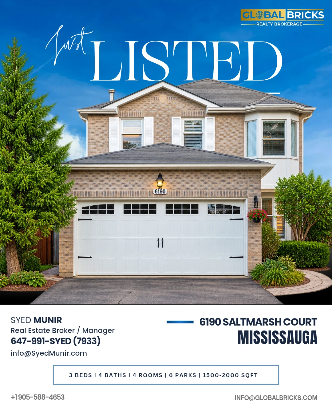 Listing announcement for 6190 Saltmarsh Court — a “Just Listed” post with the property photo, the wordmark and agent contact details
