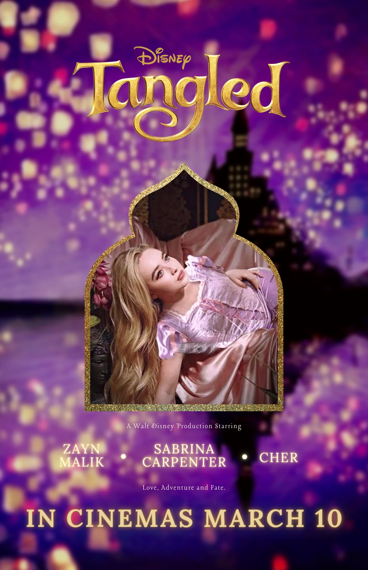 Tangled movie poster — Rapunzel reclining in a gold-trimmed arch against a purple sky, with the cast names and “In cinemas March 10”