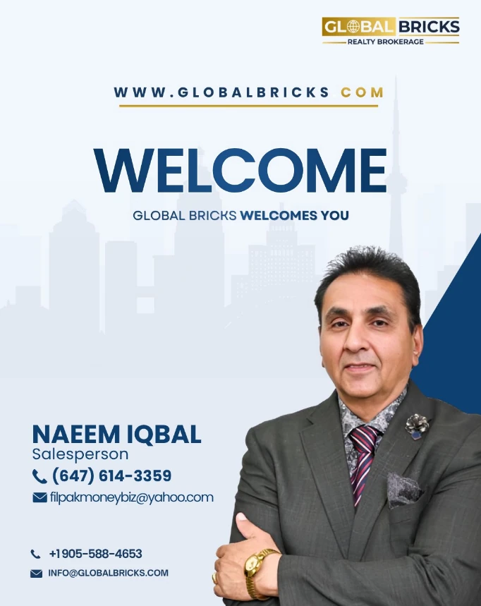 New-agent welcome post — “Welcome, Global Bricks welcomes you” with a portrait of Naeem Iqbal, Salesperson, over a pale city skyline