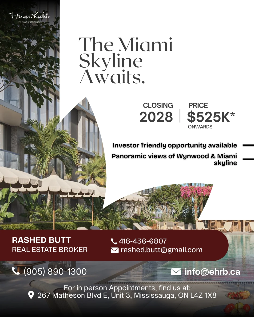 Pre-construction post for Frida Kahlo Wynwood Residences — “The Miami Skyline Awaits”, closing 2028 from $525K, over poolside palm imagery