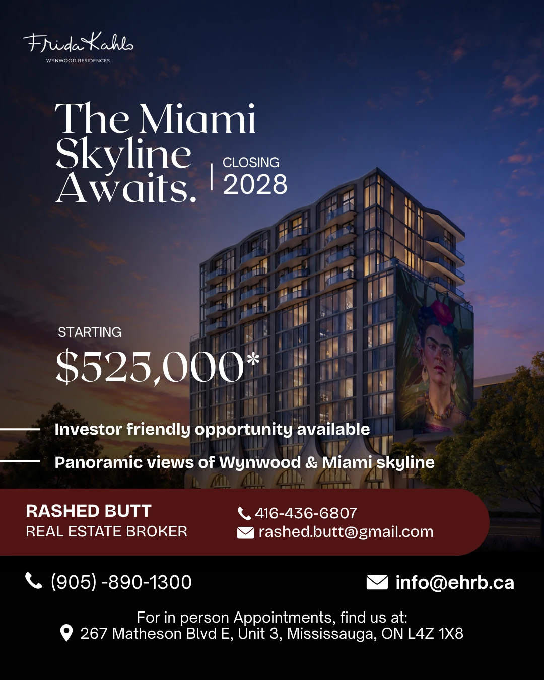 Pre-construction post for Frida Kahlo Wynwood Residences — “The Miami Skyline Awaits”, closing 2028, over a tower with a Kahlo mural