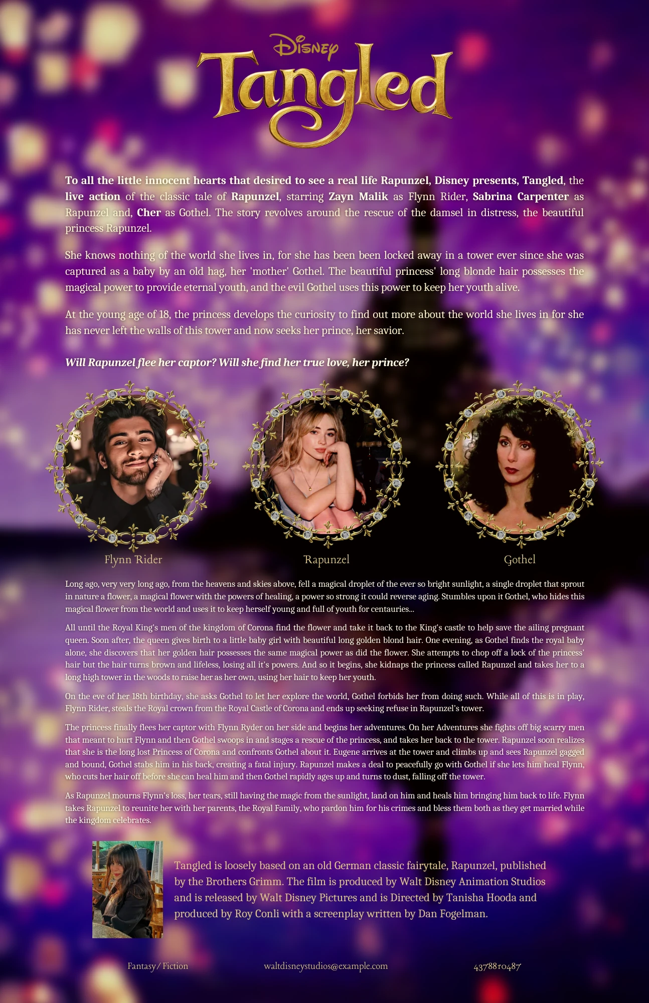 Tangled movie poster — a synopsis and three circular character portraits over a purple bokeh sky with a tower silhouette