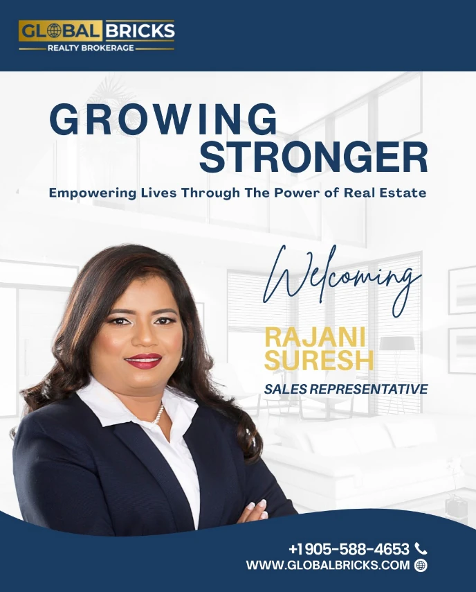 New-agent welcome post — “Growing Stronger” with a portrait of Rajani Suresh, Sales Representative