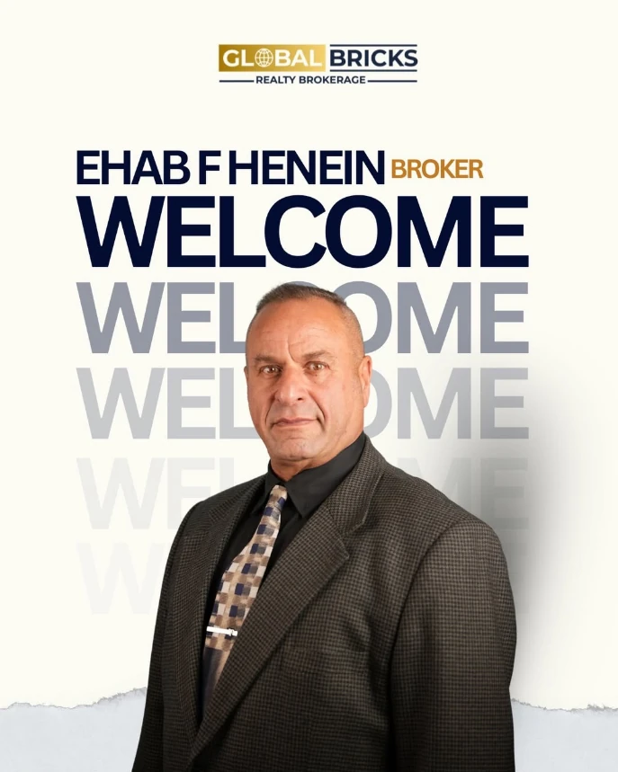 New-agent welcome post — “WELCOME” repeated behind a portrait of Ehab F Henein, Broker