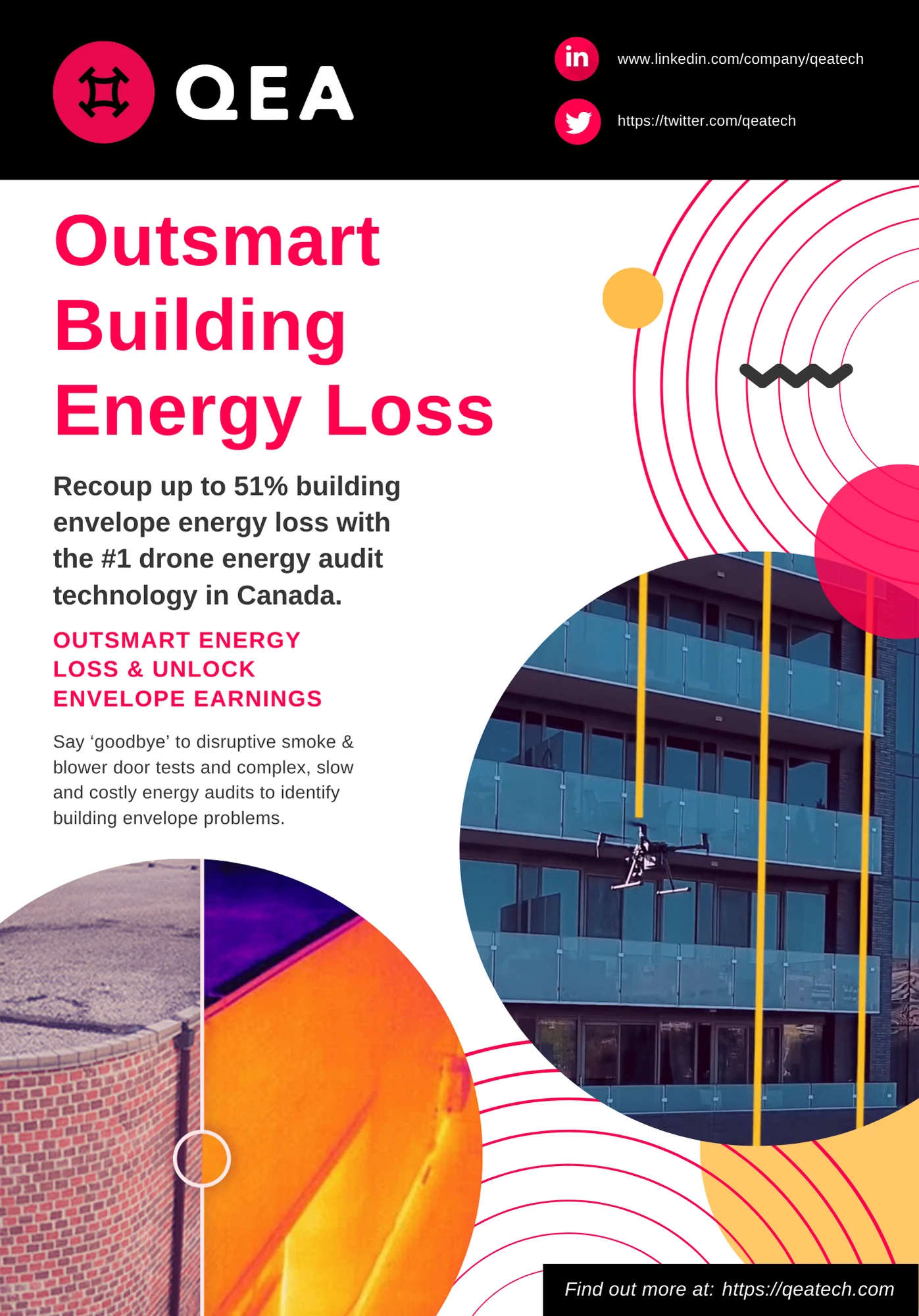 QEA Tech flyer — “Outsmart Building Energy Loss” with circular building and thermal photos, pink circles and concentric lines