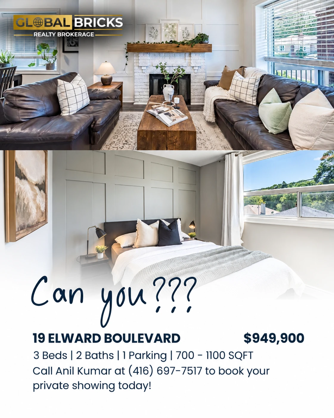 Listing post — 19 Elward Boulevard at $949,900, a fireplace and bedroom spread captioned “Can you???”