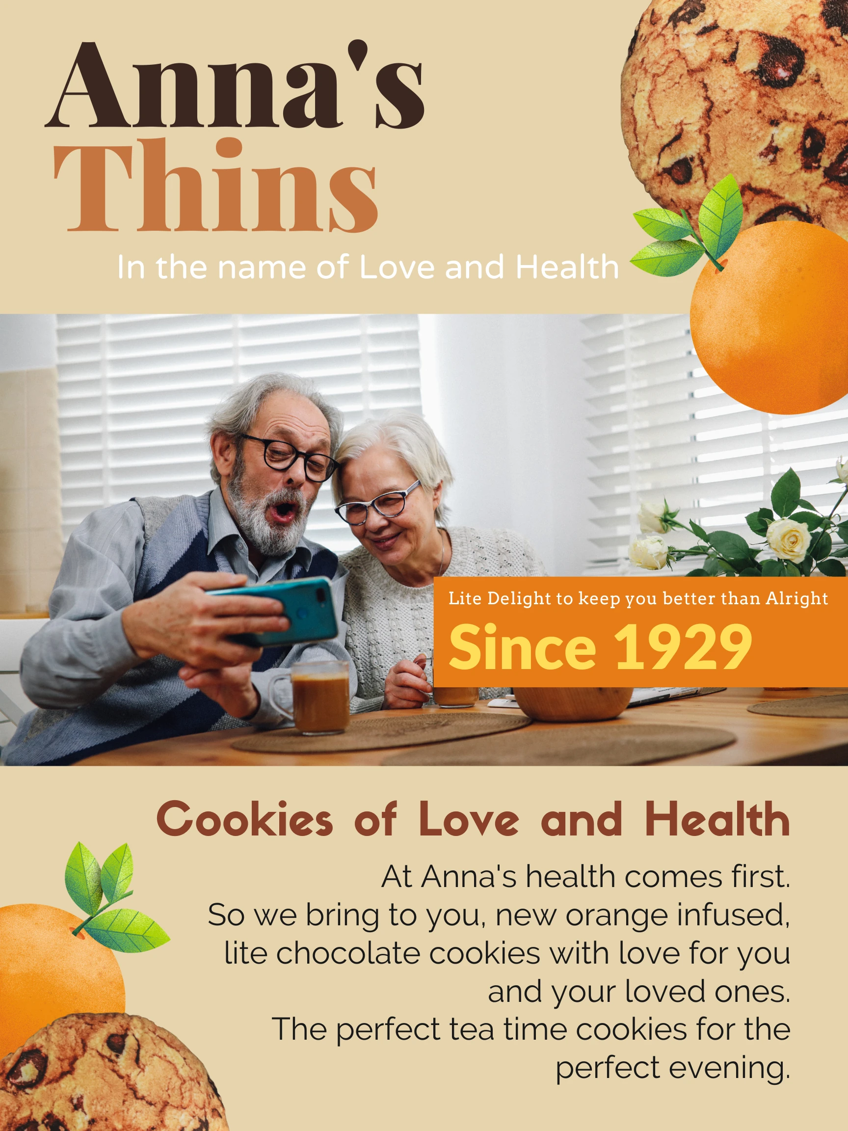 Anna's Thins advertisement — an elderly couple taking a selfie, with cookies, an orange and the line “Cookies of Love and Health”