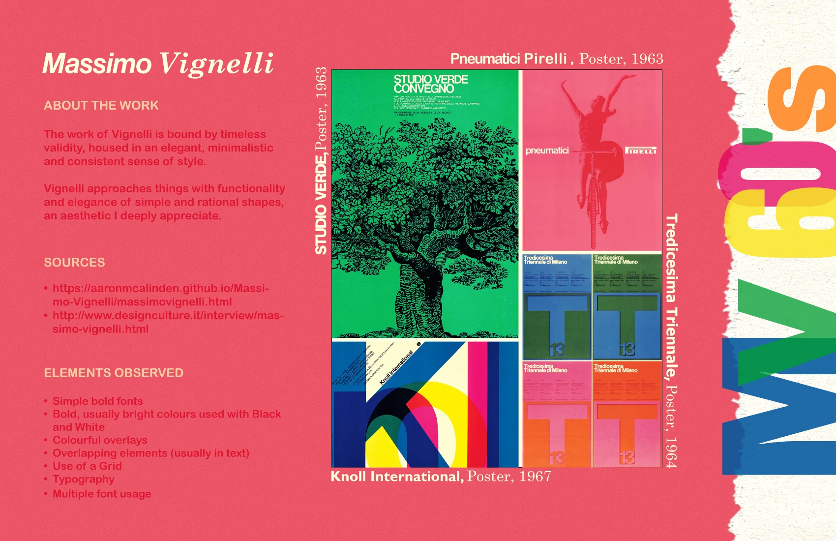 Massimo Vignelli tribute poster — notes on his work beside reproductions of four of his posters on a pink field