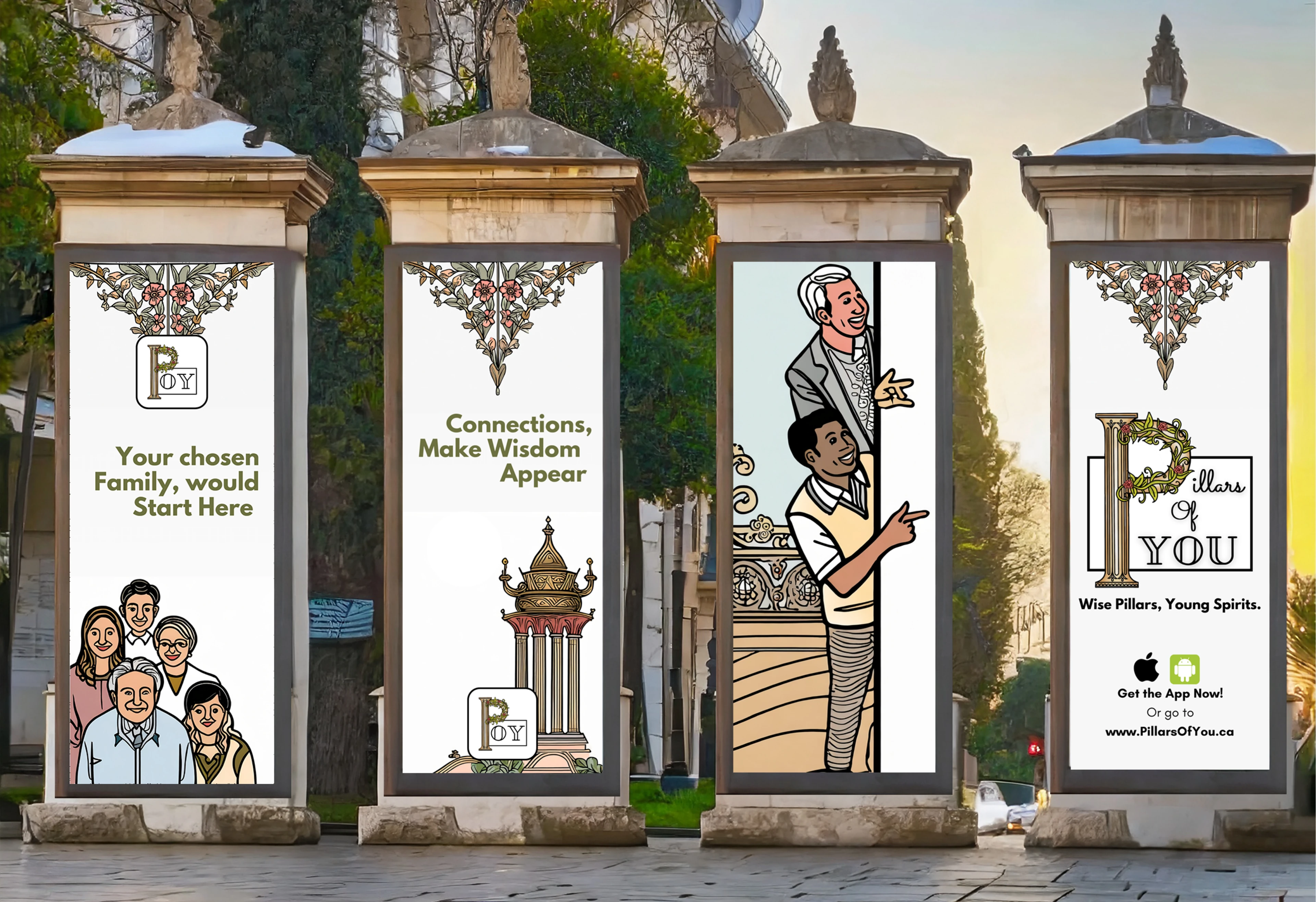 Light-pole banner mockup — four “Pillars of You” posters on city pillars, one reading “Your chosen Family, would Start Here”