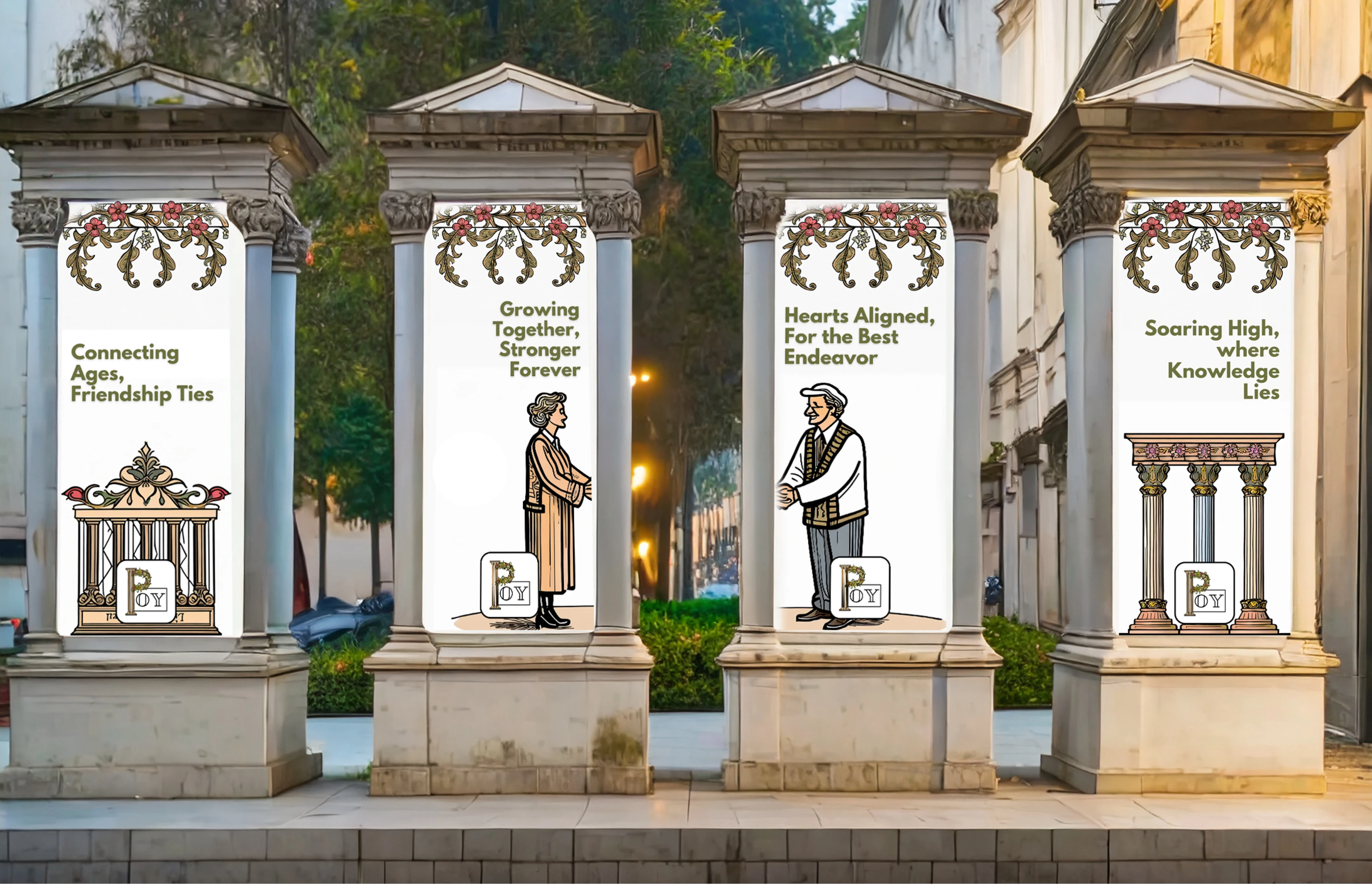 Light-pole banner mockup — four more “Pillars of You” posters on stone columns, including “Soaring High, where Knowledge Lies”