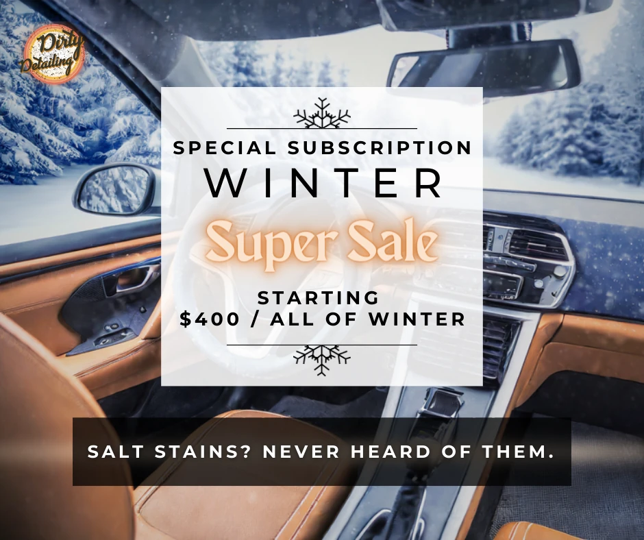 Car-detailing promotion — “Special Subscription Winter Super Sale, starting $400 all of winter” over a snowy car interior