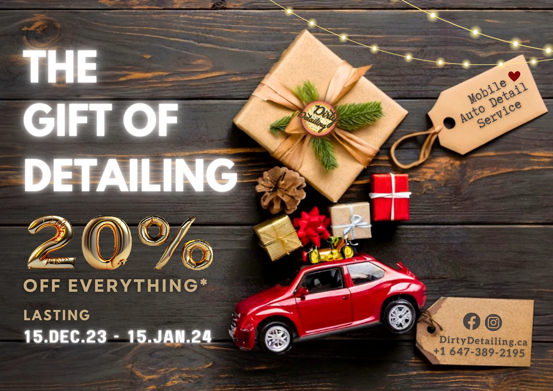 Car-detailing promotion — “The Gift of Detailing, 20% off everything, 15.12.23–15.01.24” on a wooden desk with a gift and a red model car