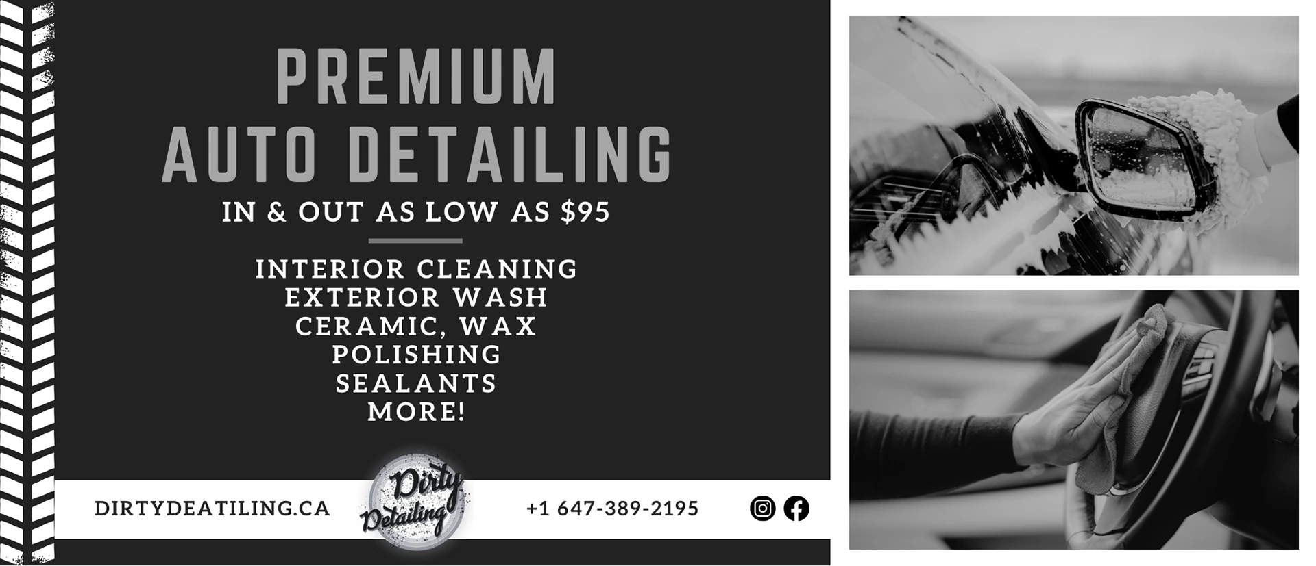 Premium Auto Detailing postcard — “In and out as low as $95” beside two black-and-white detailing photographs