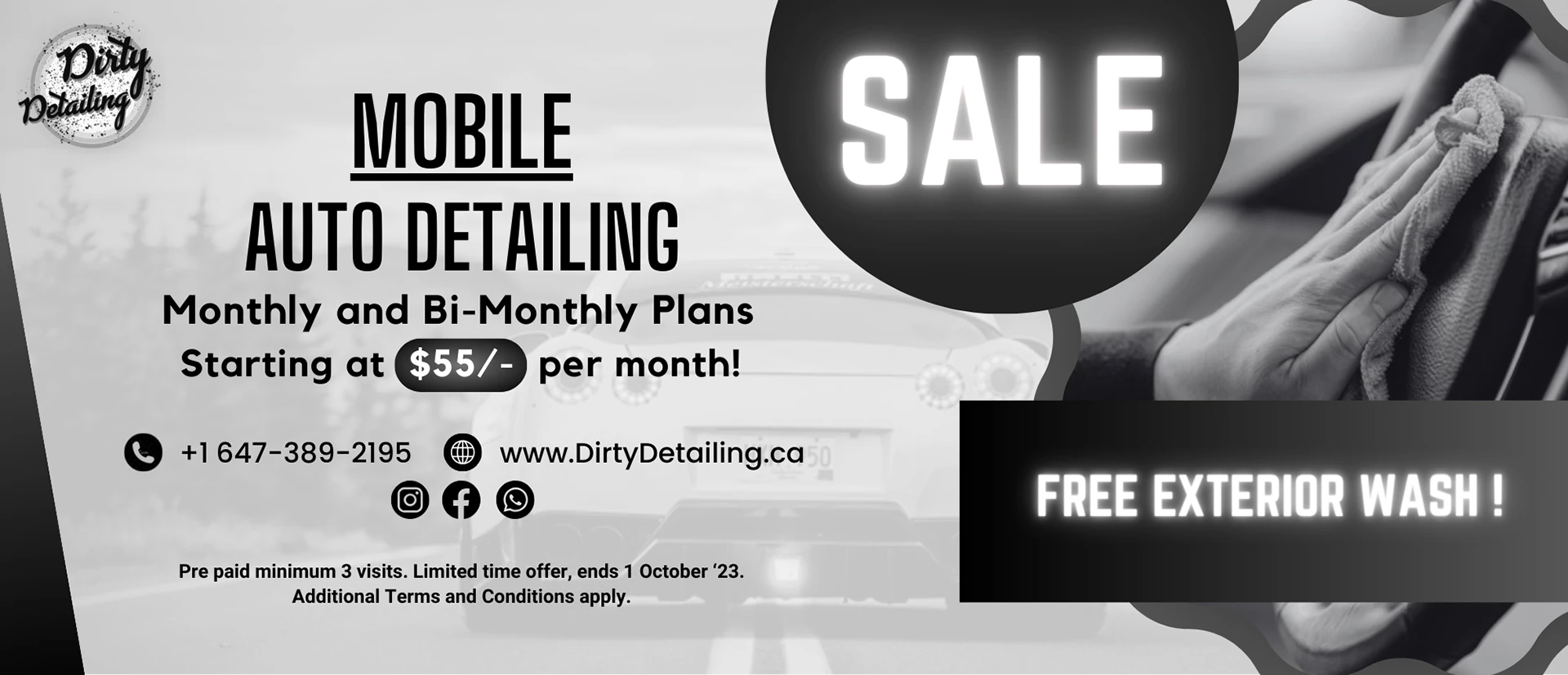 Mobile Auto Detailing postcard — a “Sale” badge over monthly and bi-monthly plan copy offering a free exterior wash