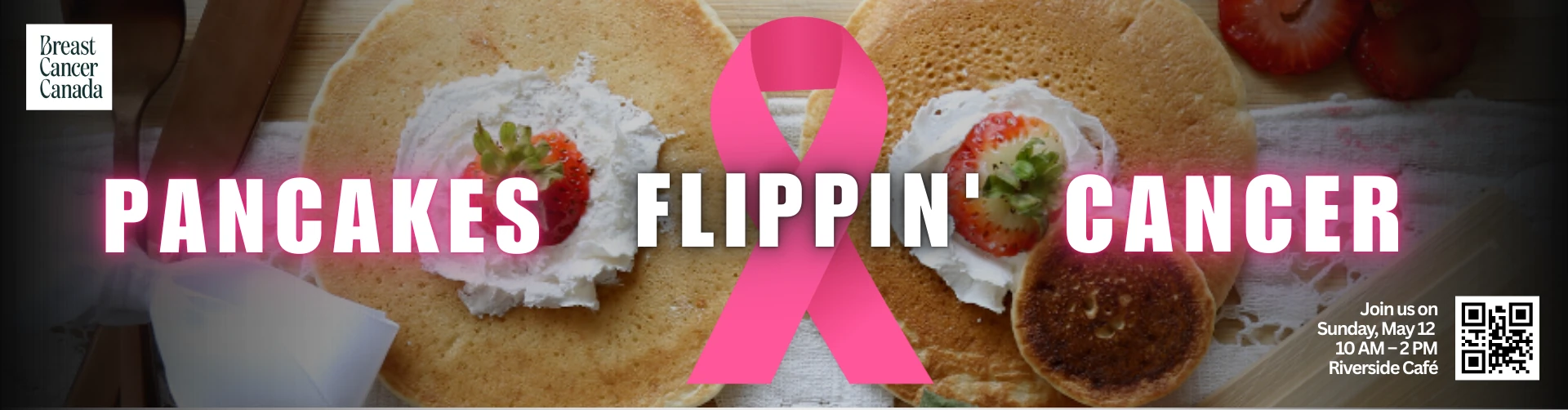 Pancakes Flippin' Cancer campaign banner — pancakes with a pink ribbon