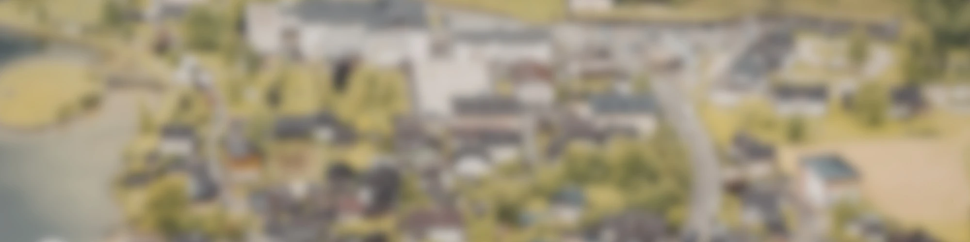 Soft-focus aerial photograph of a suburban neighbourhood — water at the left, curving streets, rooftops and lawns, all softly blurred
