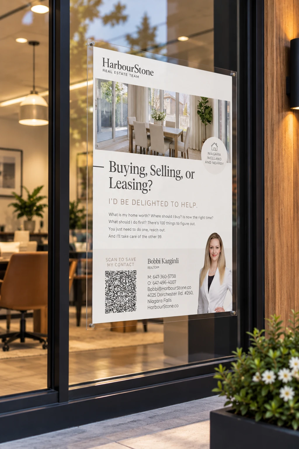 Bobbi Karginli's print behind an office window — a dining-room photo, then the headline "Buying, Selling, or Leasing?" and her contact block