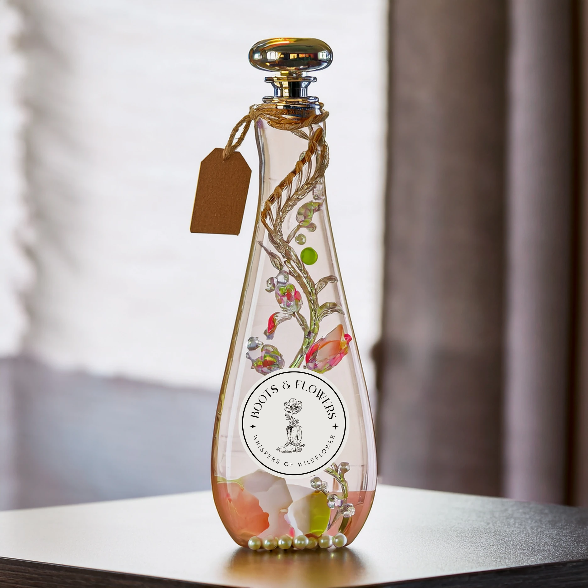 Whispers of Wildflower perfume bottle with hang tag