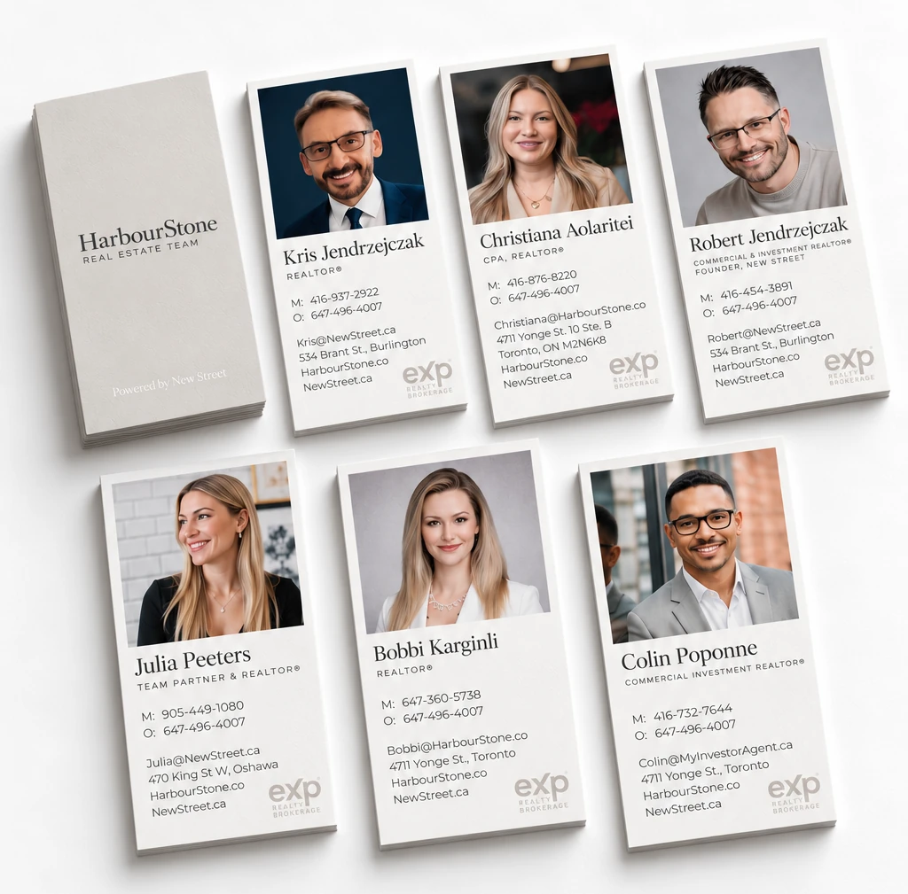 Seven business cards in two rows — a stacked greige team reverse and six agent fronts, each with a headshot and contact details