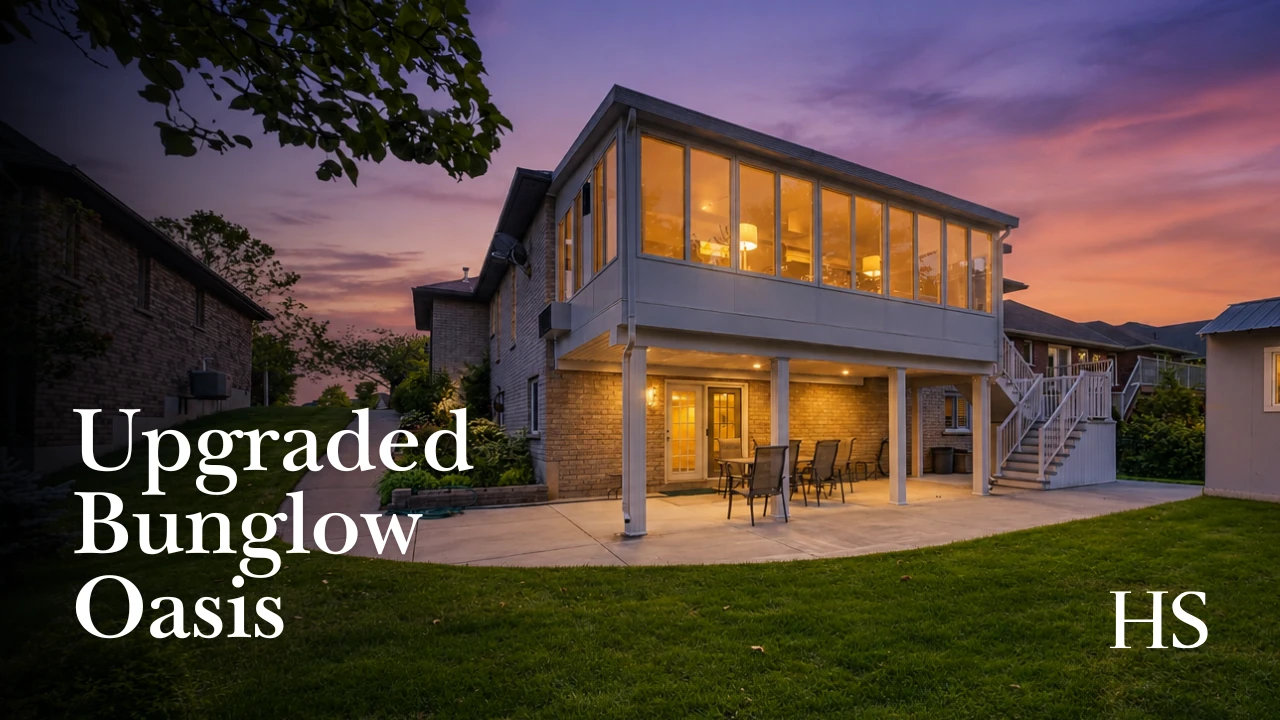 YouTube thumbnail for 14 Hunter Dr S — the raised bungalow's lit sunroom and patio at dusk, with the headline "Upgraded Bunglow Oasis"