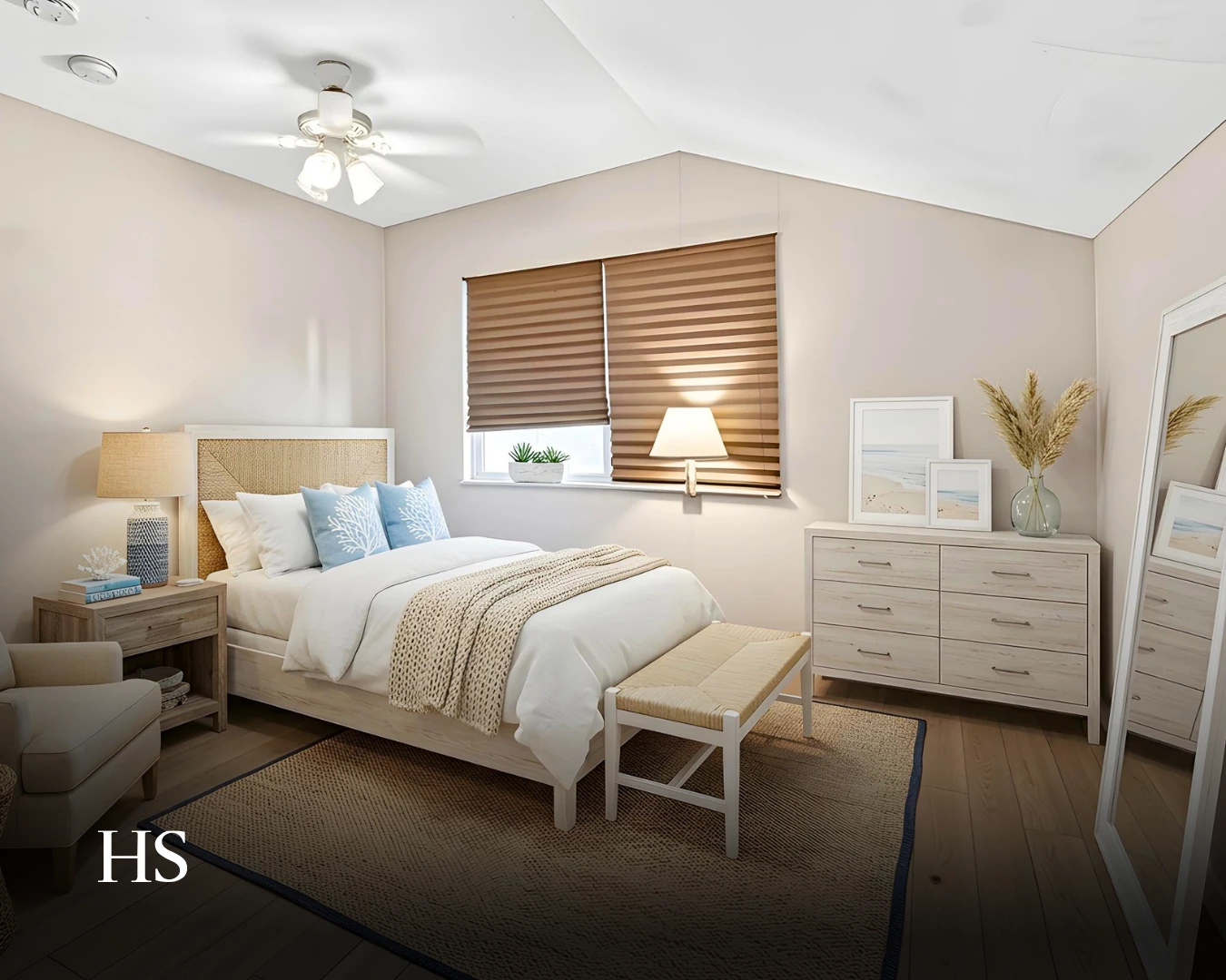 Bedroom with cream walls, a wood bed, woven blinds, a bench and a dresser