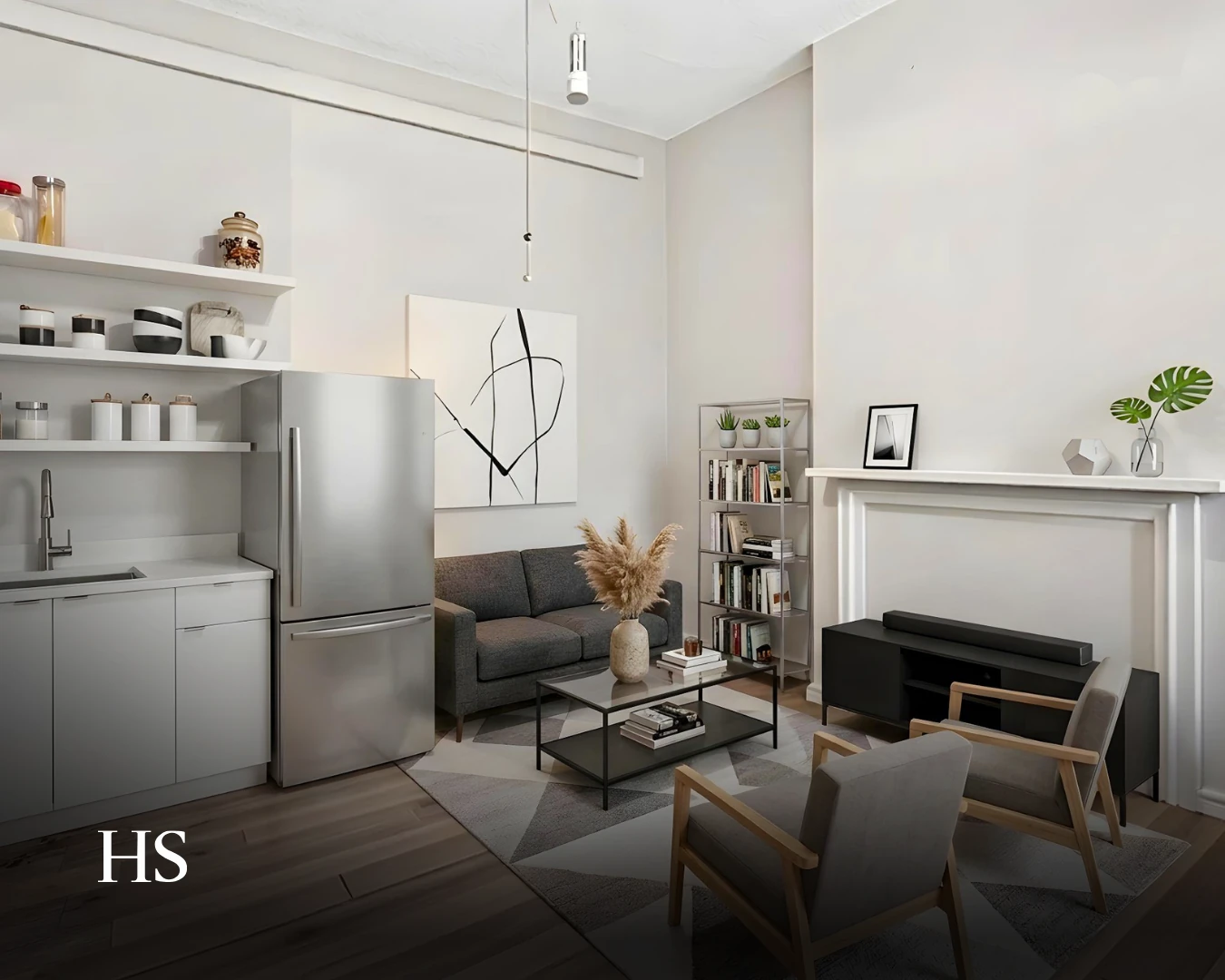 Living room with open shelving, a stainless fridge, a fireplace and two grey chairs