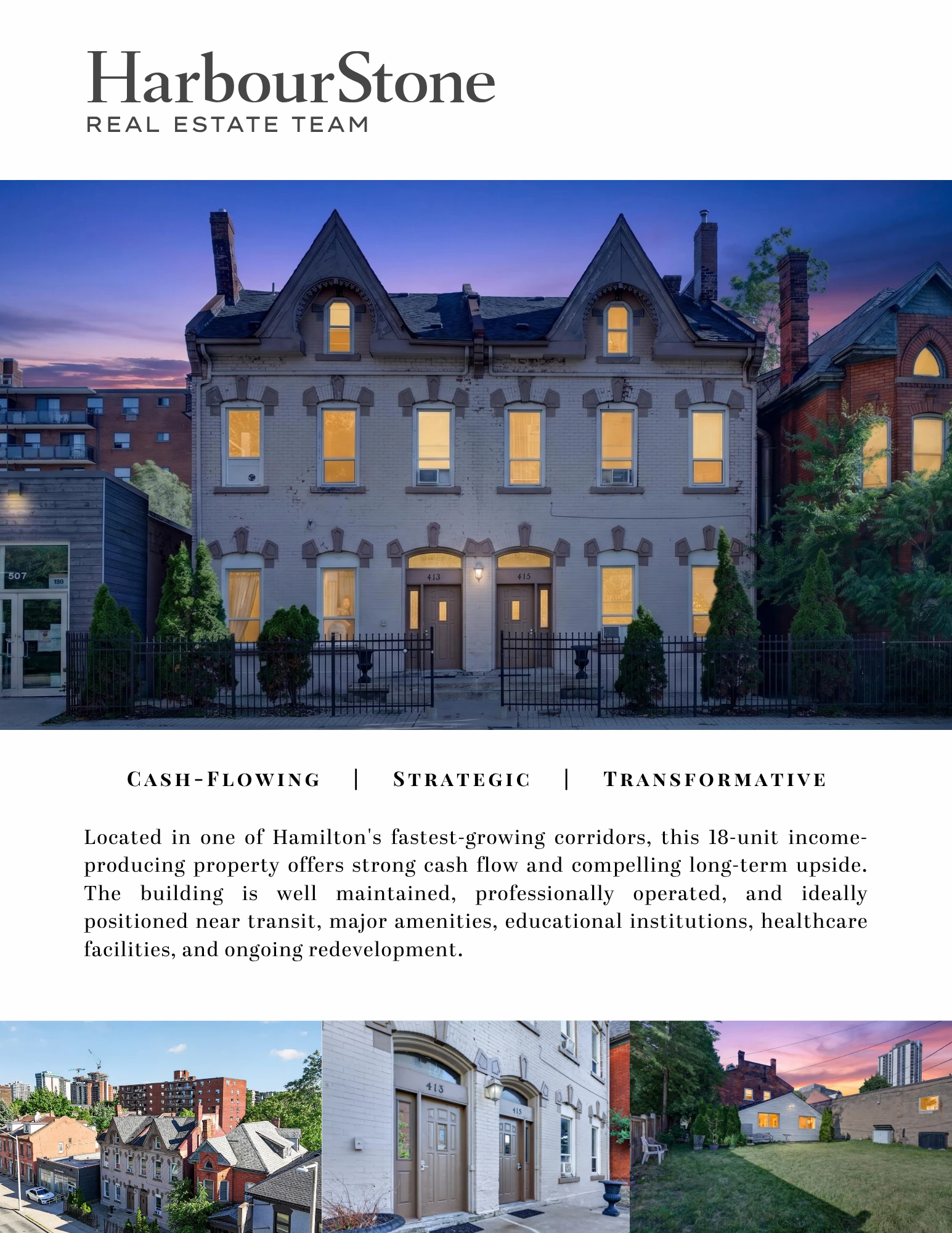 Flyer front — a large dusk photograph of the glowing Victorian semi, with a "Cash-Flowing" rule, property copy and three small photos