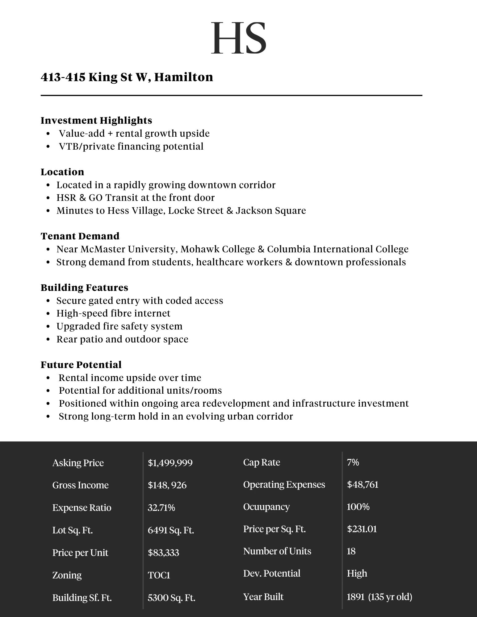 Flyer back — investment highlights and a black financial table showing asking price, cap rate, gross income and unit count