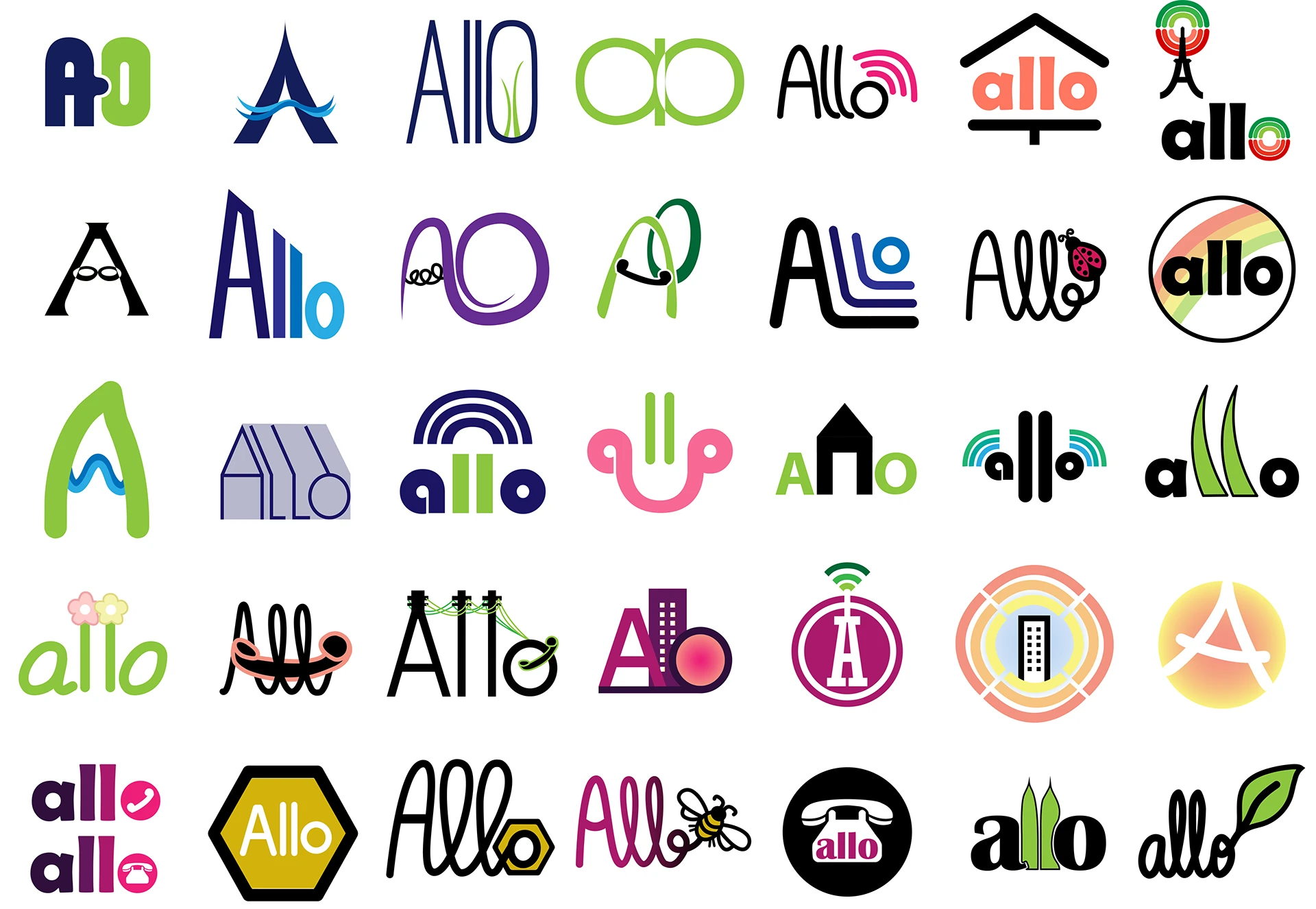 Grid of initial Allo logo concepts
