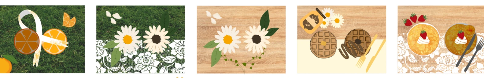 Strip of five paper-craft studies — oranges with a ribbon, daisies, waffles, and a pancake
