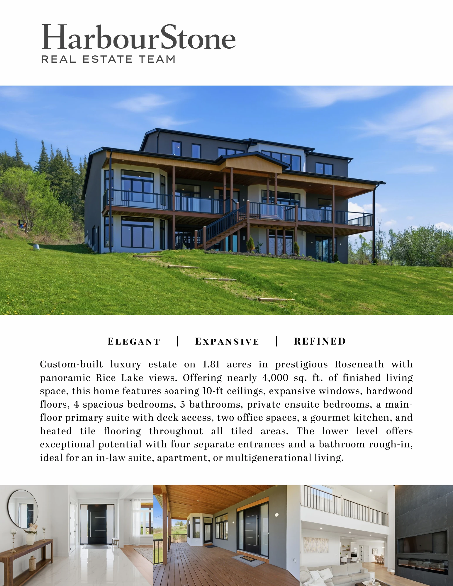 Flyer front — a large photograph of the home on its green slope, with descriptive copy and a strip of interior photographs