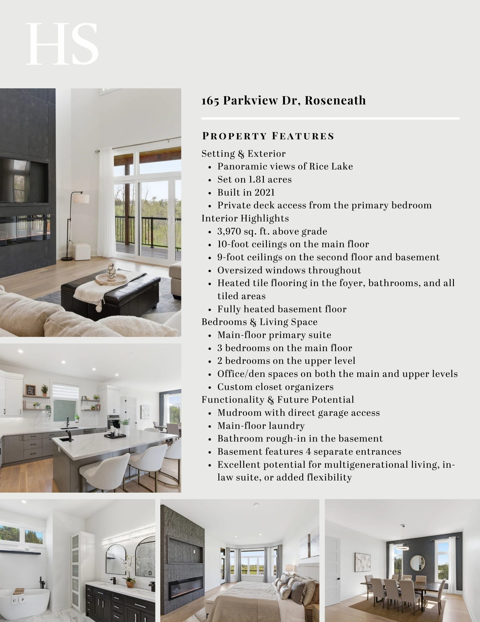 Flyer back — a bulleted property features sheet under the "165 Parkview Dr" heading