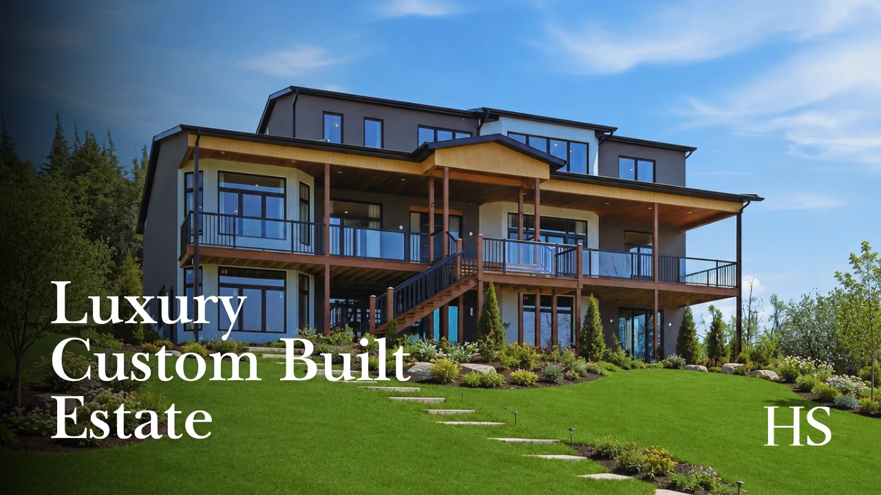 YouTube thumbnail for 165 Parkview Dr — the charcoal multi-level house on its green slope, with the headline "Luxury Custom Built Estate"