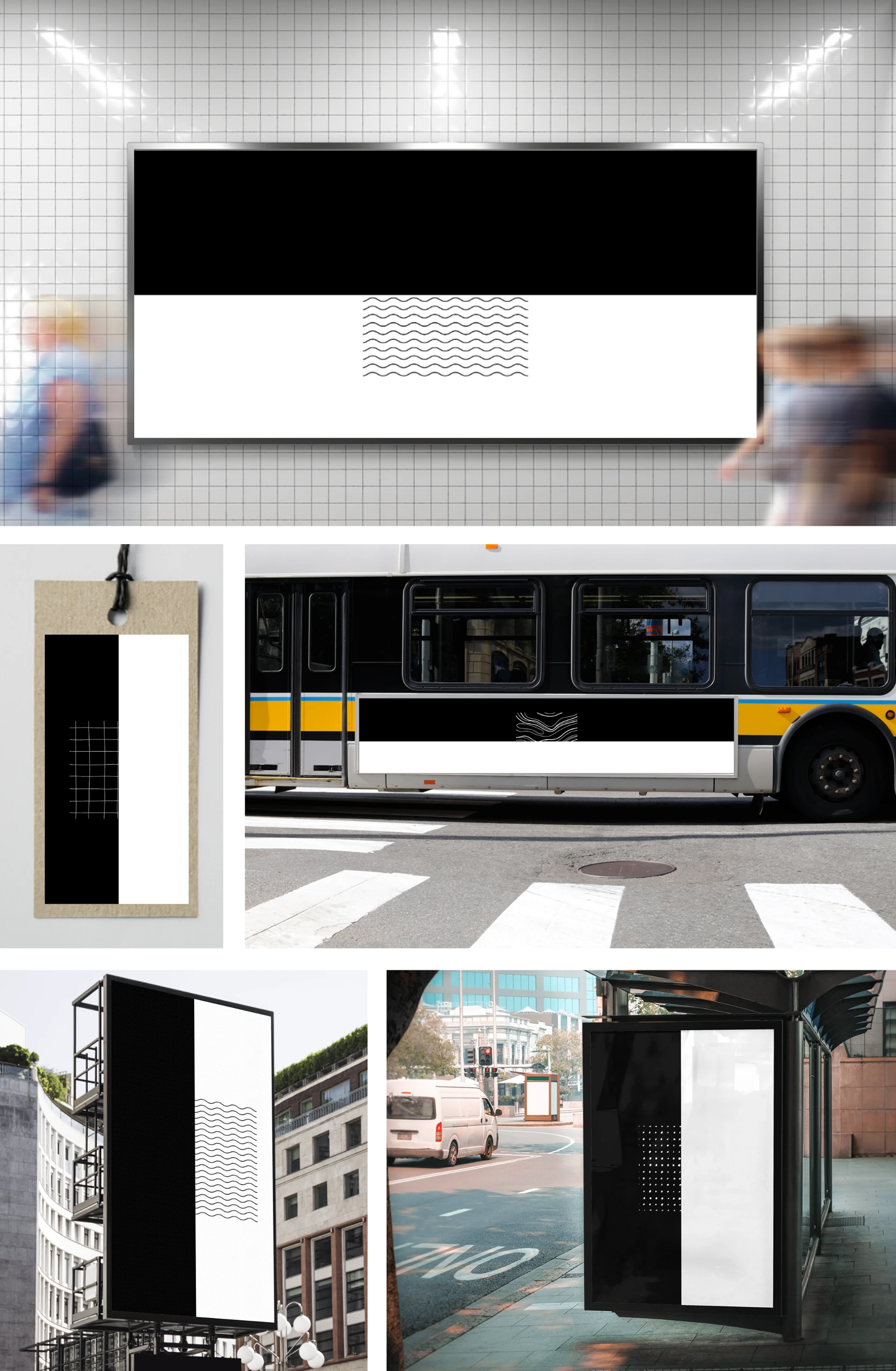 Phase 1 placements — subway billboard, clothing tag, bus, building billboard, and bus stop mockups