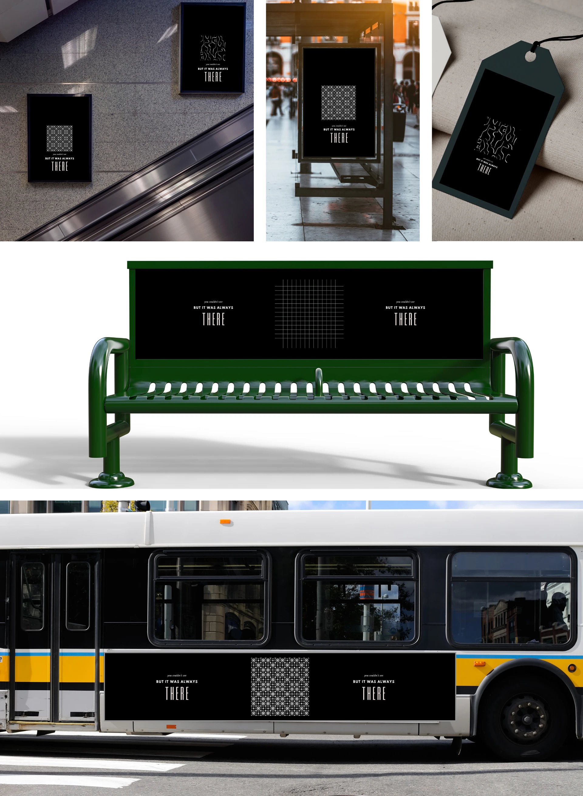 Phase 2 placements — escalator posters, bus stop poster, clothing tag, transit bench, and bus mockups