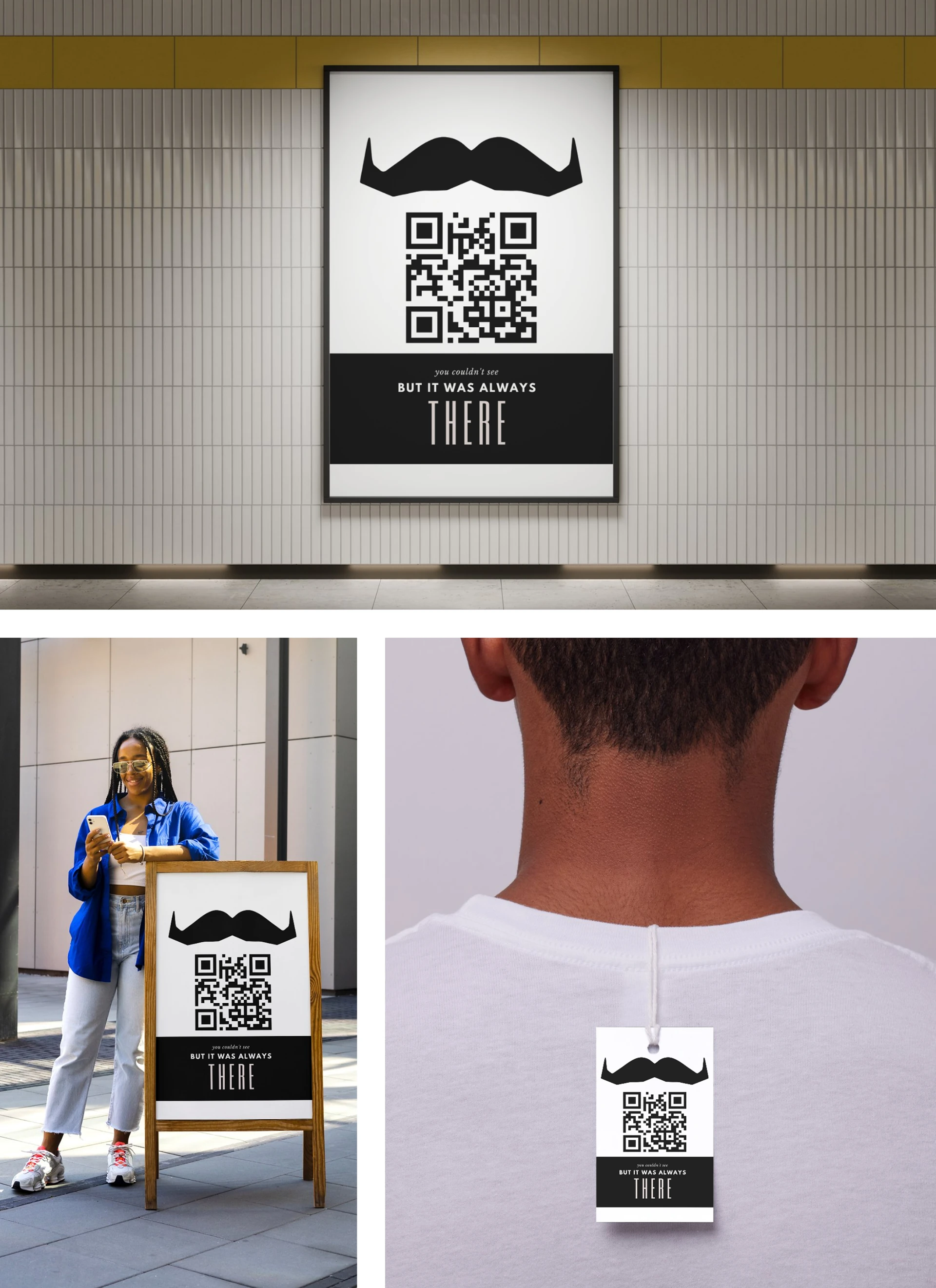 Phase 3 placements — subway poster with the real QR code, A-frame sign, and hanging tag mockups