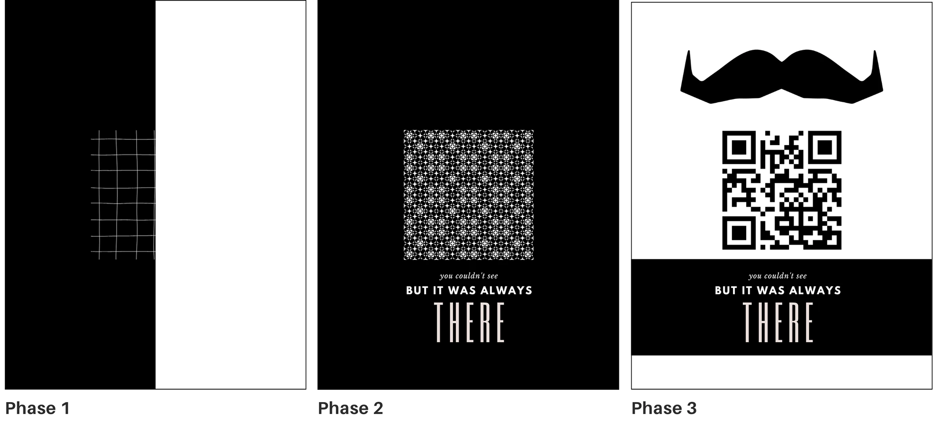 The three campaign phases — fragmented grid, dense pattern, and moustache with real QR code
