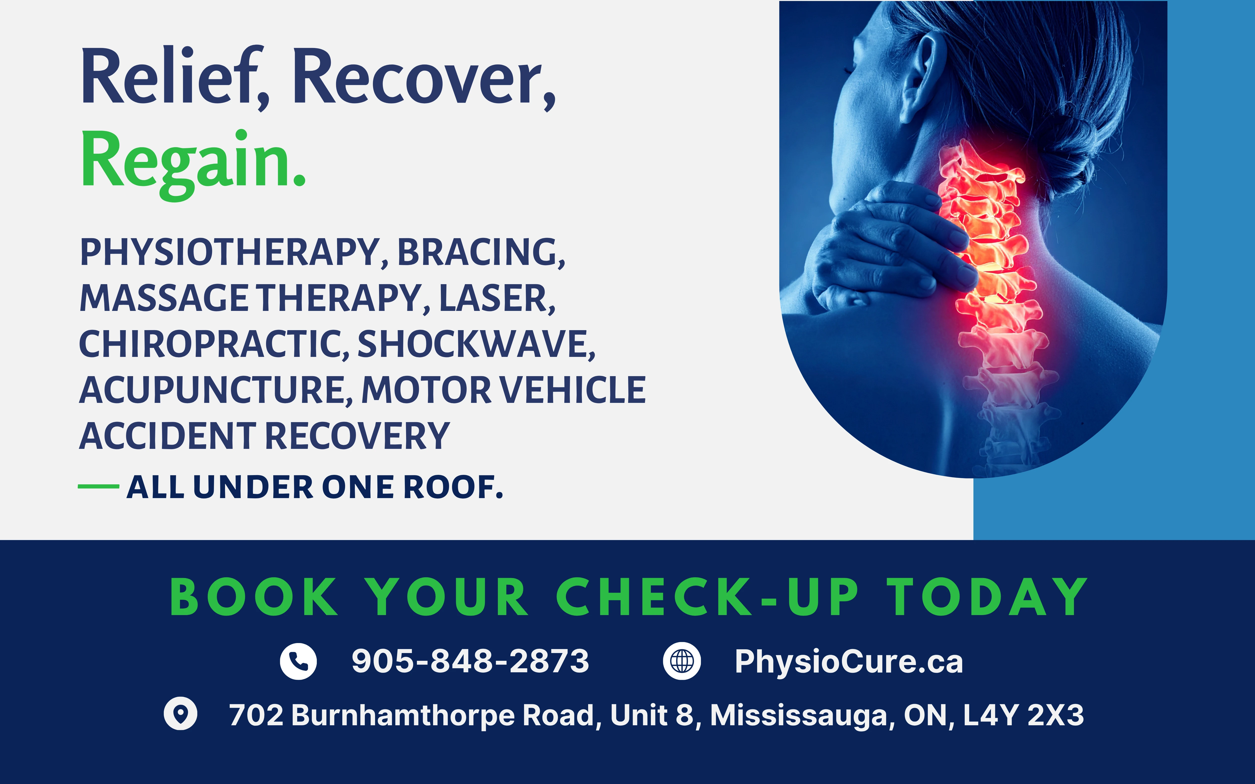 PhysioCure split ad — "Relief, Recover, Regain" over a services list, beside a person holding a glowing red spine, above a navy booking bar