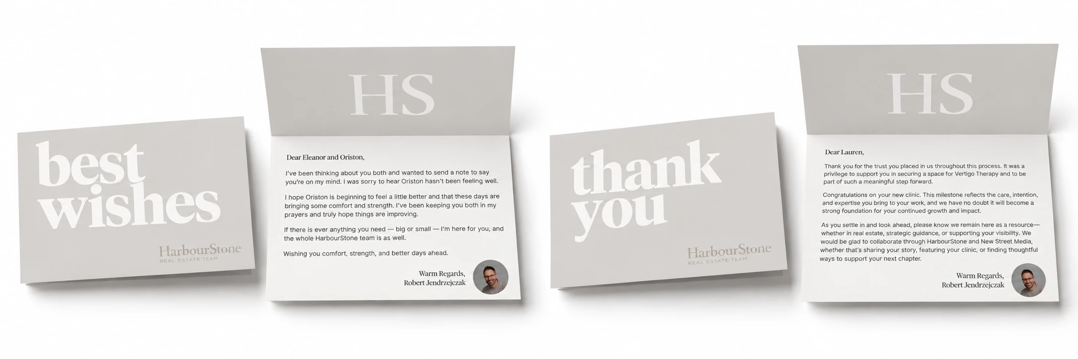 Two HarbourStone cards shown closed and open — "best wishes" and "thank you" fronts, each opening to a note signed by Robert Jendrzejczak