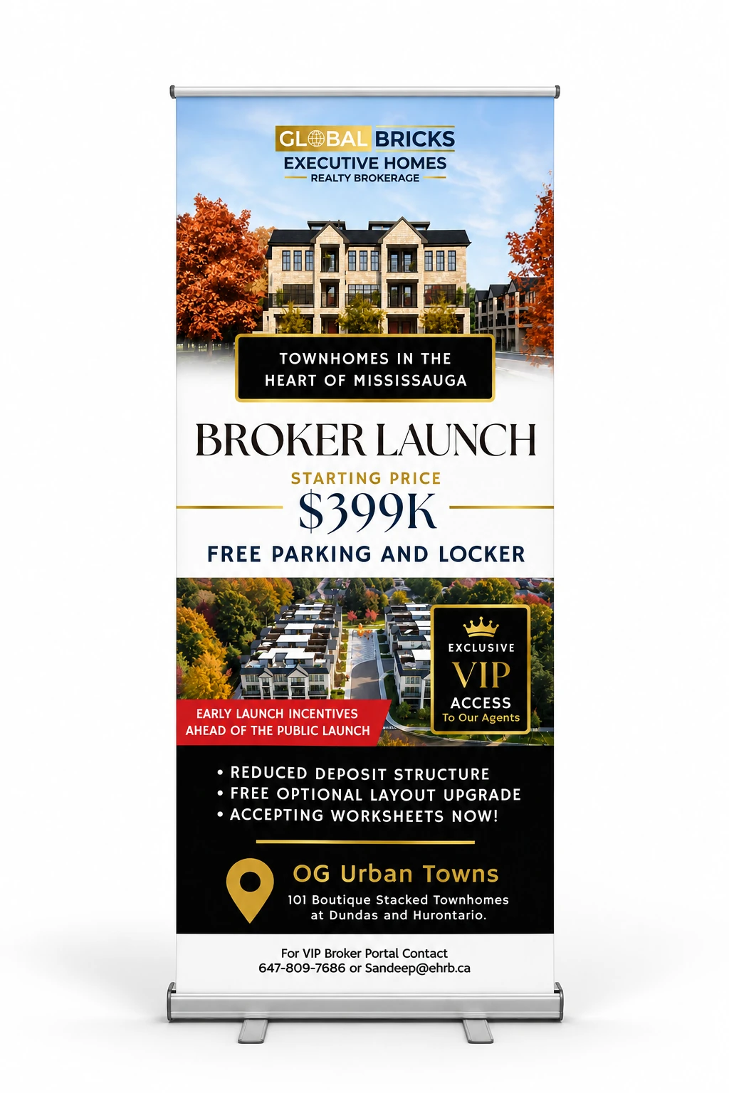 Standee mockup — a roll-up banner for the OG Urban Towns broker launch, with the development's rendering and the Global Bricks wordmark