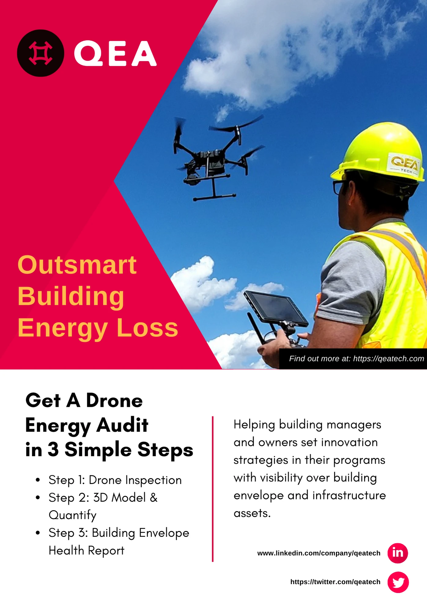 QEA Tech flyer — a pink chevron panel reading "Outsmart Building Energy Loss" beside a hard-hatted worker operating a drone controller