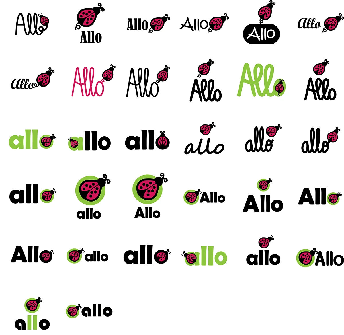 Variations of the runner-up Allo logo concept, pairing the wordmark with a ladybug