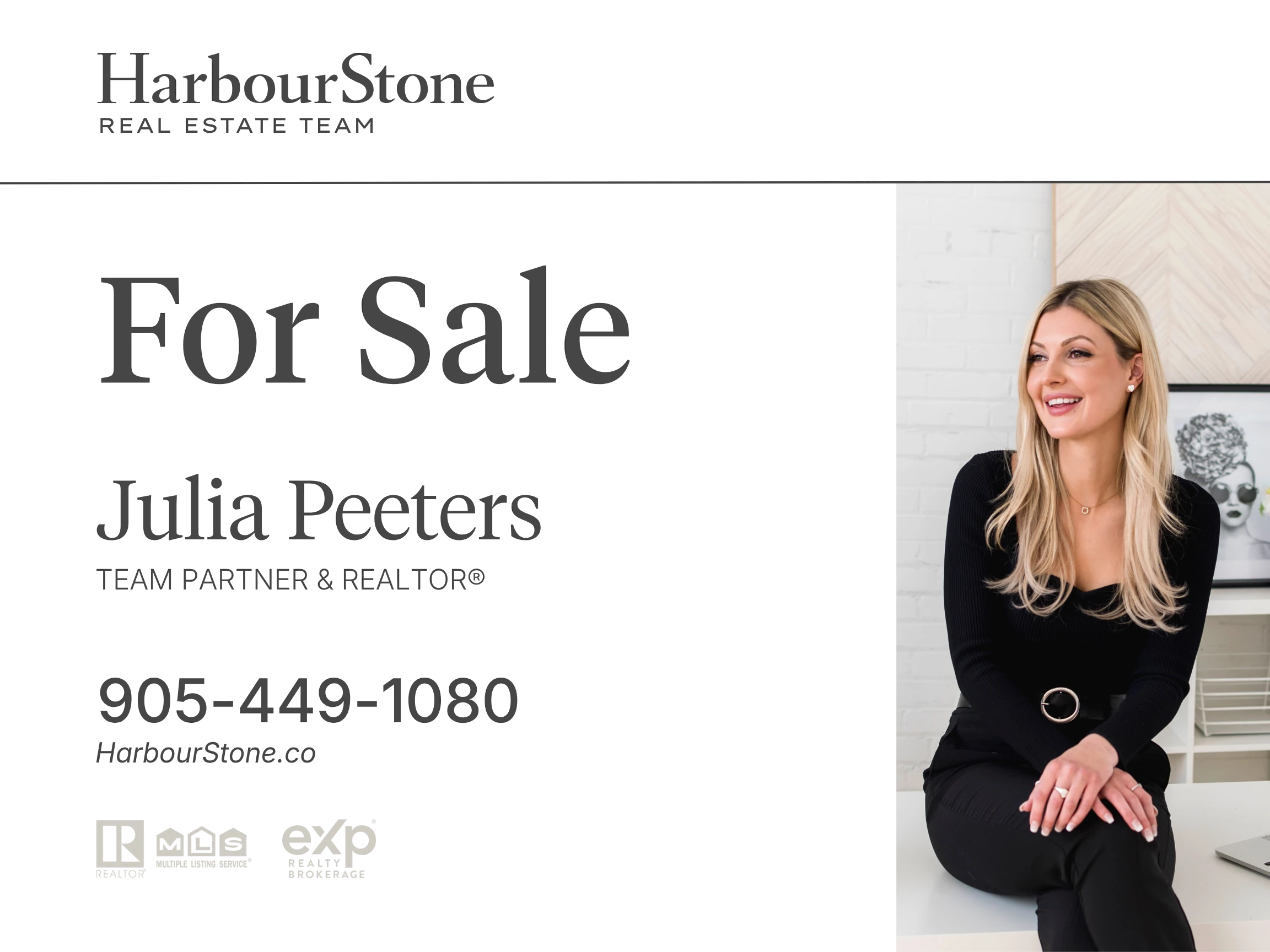 The For Sale sign artwork on its own, without the garden mockup — a wide greige board reading "For Sale" with "905-449-1080" and "HarbourStone.co" beneath it, Julia Peeters' cut-out photograph at the right, the R/MLS and brokerage logos along the foot, and a punched hole at the top for the hanging wire.