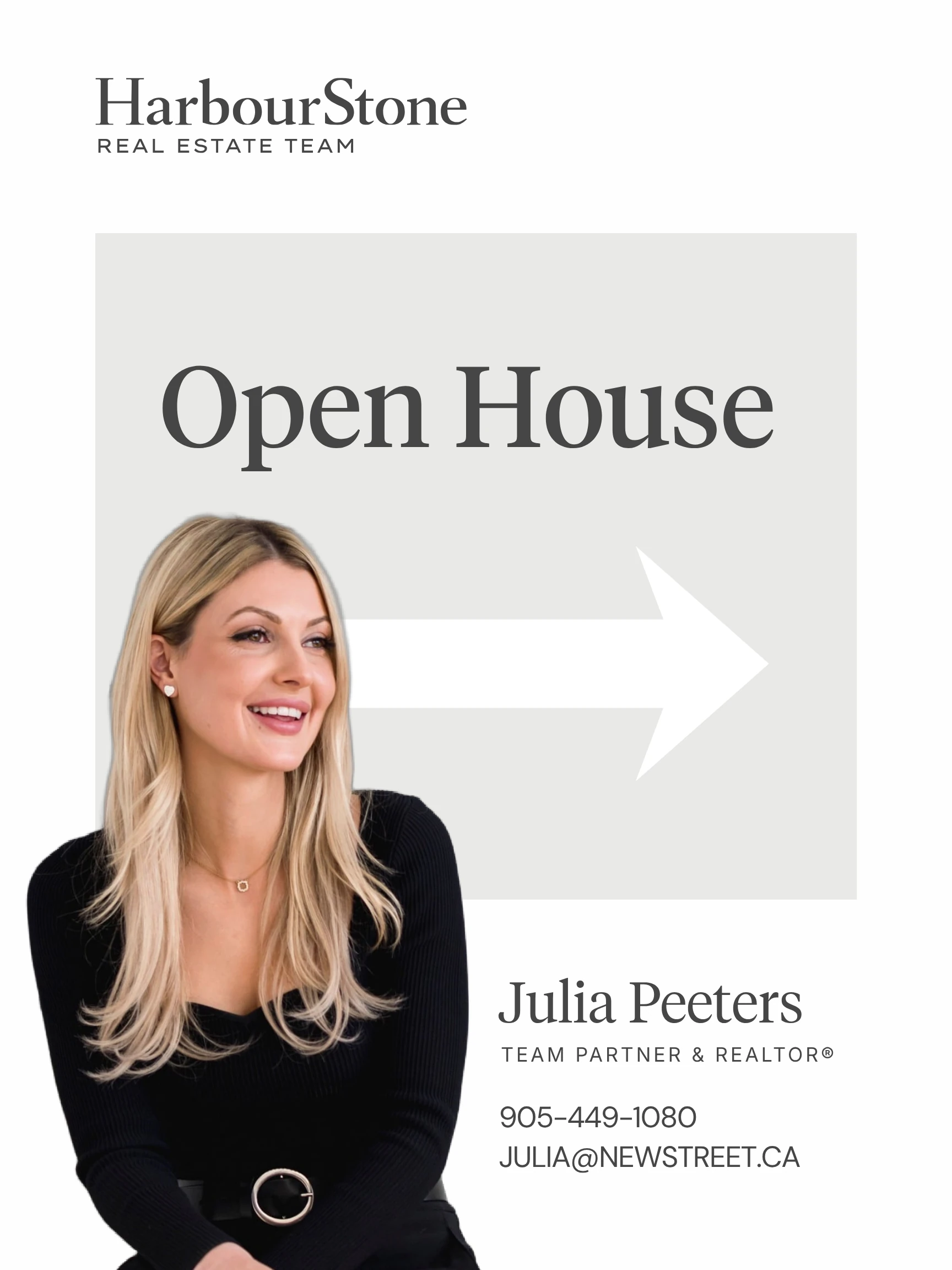 The Open House board artwork on its own, without the front-path mockup — a tall portrait board with "Open House" above a right-pointing arrow, Julia Peeters' cut-out photograph and her contact block, the R/MLS and brokerage logos along the foot, and a fold line and easel foot at the base.