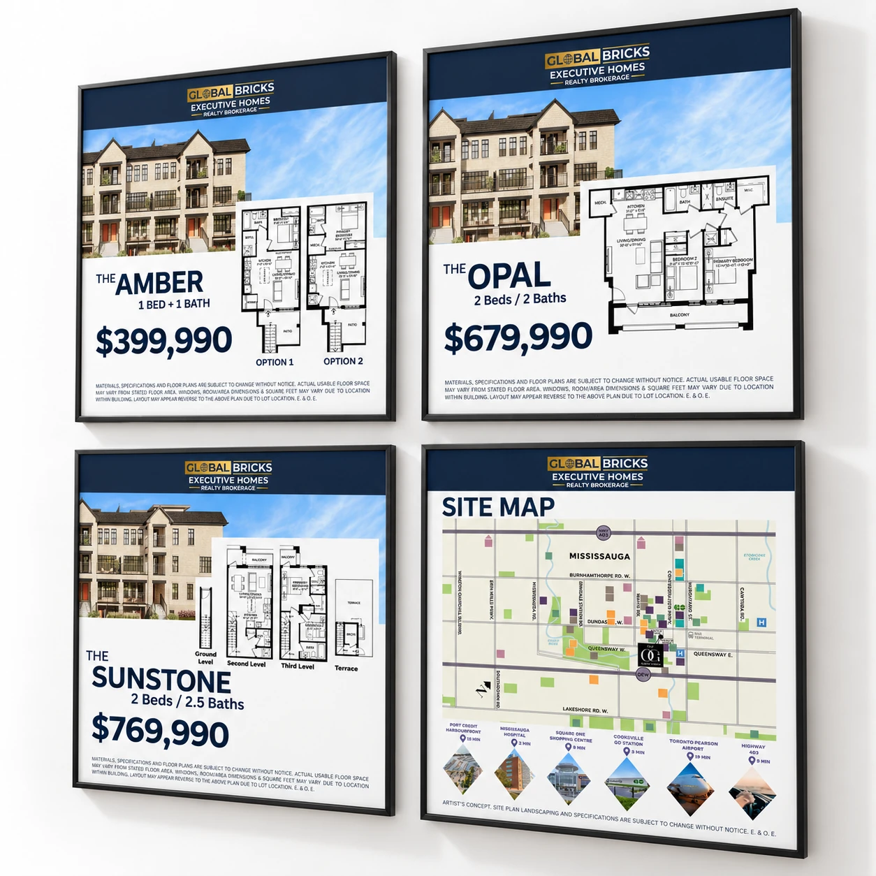 Site poster mockup — four framed posters leaning on a wall, with The Amber $399,990, The Opal $679,990, The Sunstone $769,990 and a site map