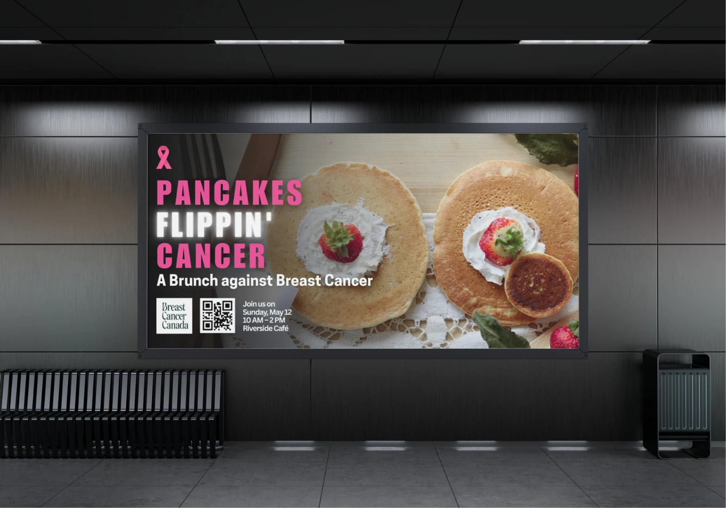 Subway advertisement mockup of the Pancakes Flippin' Cancer poster